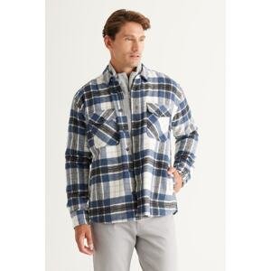 AC&Co / Altınyıldız Classics Men's Navy Blue-beige Oversize Loose Cut Button Collar Plaid Patterned Lumberjack Winter Shirt Jacket