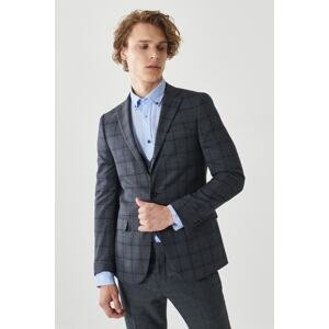 ALTINYILDIZ CLASSICS Men's Navy Blue-Grey Slim Fit Slim Fit Monocollar, Checkered Classic Suit with Vest.