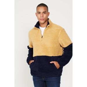 AC&Co / Altınyıldız Classics Men's Mustard-Navy Blue Standard Fit High Bato Neck Kangaroo Pocket Double Color Sherpa Fleece Sweatshirt