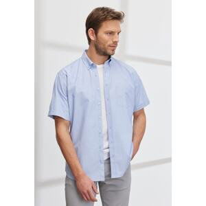 ALTINYILDIZ CLASSICS Men's Blue Comfort Fit Wide Relaxed Cut Button Collar Dobby Short Sleeve Shirt