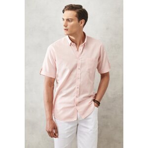 AC&Co / Altınyıldız Classics Men's Pink Comfort Fit Comfy Cut, Buttoned Collar Linen-Looking 100% Cotton Short Sleeve Shirt.