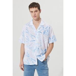 AC&Co / Altınyıldız Classics Men's Beige-Navy Blue Oversized Loose Cut Cuban Collar 100% Cotton Printed Short Sleeve Shirt.