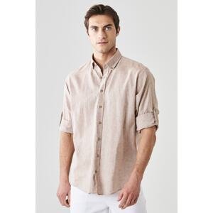 AC&Co / Altınyıldız Classics Men's Camel Comfort Fit Relaxed Cut Buttoned Collar Casual Linen Shirt