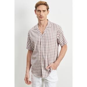 AC&Co / Altınyıldız Classics Men's White-beige Comfort Fit Comfy Cut Monocollar Checked Short Sleeved Casual Shirt.