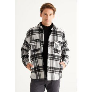 AC&Co / Altınyıldız Classics Men's Black-gray Oversize Wide Cut Buttoned Collar Checkered Winter Shirt Jacket