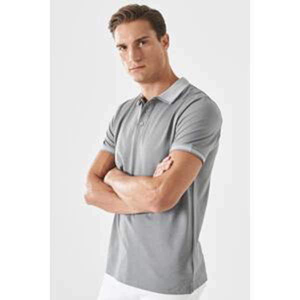 AC&Co / Altınyıldız Classics Pánske tričko s bavlnenou tkaninou proti zmršťovaniu Slim Fit Slim Fit sivé polo tričko s výstrihom.