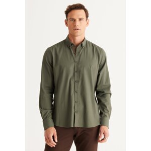 ALTINYILDIZ CLASSICS Men's Khaki Slim Fit Slim Fit Buttoned Collar Cotton Gabardine Shirt.