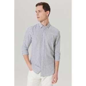 ALTINYILDIZ CLASSICS Men's White-khaki Slim Fit Slim Fit Slim Fit Hidden Button Collar Cotton Striped Linen Shirt.