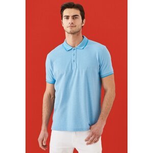 AC&Co / Altınyıldız Classics Pánske zmršťovacie bavlnené tričko Slim Fit Slim Fit Slim Fit modré vyhrnuté polo tričko s výstrihom.