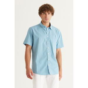 AC&Co / Altınyıldız Classics Men's White-turquoise Comfort Fit Comfy Cut Buttoned Collar 100% Cotton Gingham Shirt.