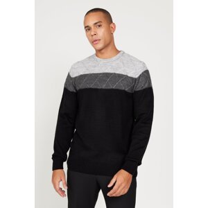 AC&Co / Altınyıldız Classics Men's Grey-black Standard Fit Regular Cut Crew Neck Colorblock Patterned Knitwear Sweater