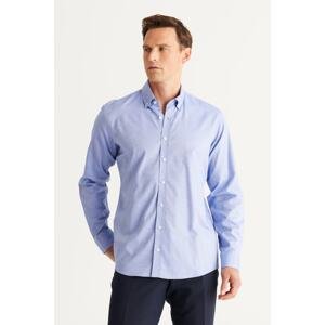 ALTINYILDIZ CLASSICS Men's Blue Comfort Fit Relaxed Cut Buttoned Collar 100% Cotton Dobby Shirt