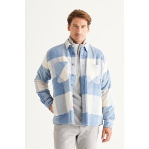 AC&Co / Altınyıldız Classics Men's Blue-beige Oversize Loose Cut Button Collar Plaid Patterned Lumberjack Winter Shirt Jacket