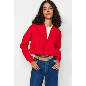Trendyol Red Zippered Hooded Relaxed Cut Crop Fleece Knitted Sweatshirt