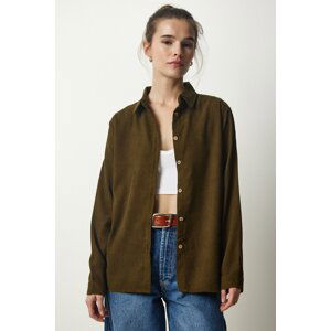 Happiness İstanbul Women's Khaki Corduroy Woven Jacket Shirt