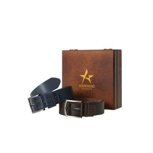 ALTINYILDIZ CLASSICS Men's Navy Blue-Brown Set of 2 Jeans Belt with Special Wooden Gift Box Groom's Pack