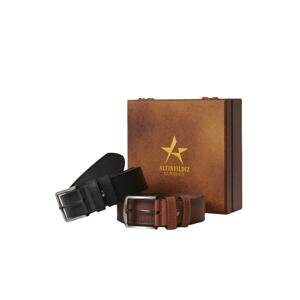 ALTINYILDIZ CLASSICS Men's Black-Brown Jeans Belt Set of 2 with Special Wooden Gift Box Groom's Pack