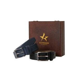 ALTINYILDIZ CLASSICS Men's Black-Navy Blue Special Wooden Gift Box 2-Piece Casual Belt Set Groom's Pack