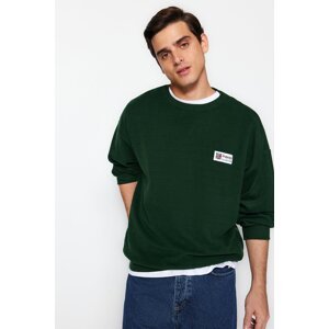 Trendyol Dark Green Men's Oversize Soft Textured College Themed Thick Sweatshirt.