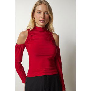 Happiness İstanbul Women's Red Open Shoulder Detailed Knitted Blouse