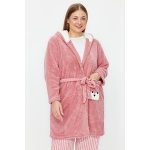 Trendyol Curve Powder Animal Figured Hooded Wellsoft Knitted Dressing Gown with Pockets