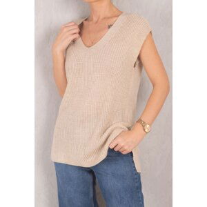 armonika Women's Beige V-Neck Front Short Back Long Sweater