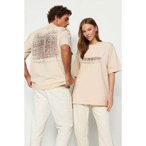 Trendyol Beige Unisex Oversize Revolution Erbil Printed Knitted T-Shirt