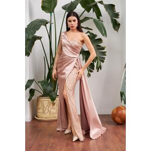 Carmen Gold Satin One Shoulder Slit Long Evening Dress