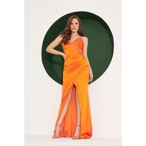 Carmen Orange Satin Strapless Embroidered Long Evening Dress