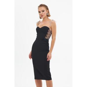 Carmen Black Stone Lace Midi Crepe Evening Dress