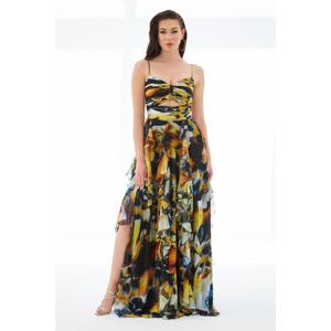 Carmen Orange Printed Long Evening Dress with Belly Low-cut Slit