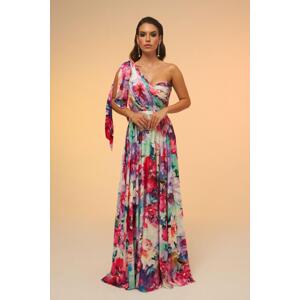 Carmen Fuchsia Printed Single Sleeve Long Evening Dress