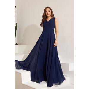 Carmen Navy Blue Chiffon Off-Neck Long Evening Dress and Invitation Dress