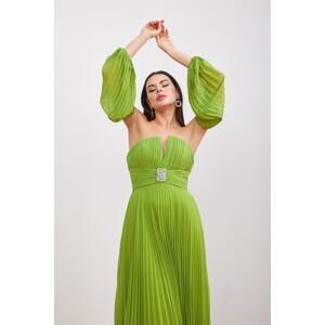 Carmen Pistachio Green Chiffon Evening Dress With Belt Detail.