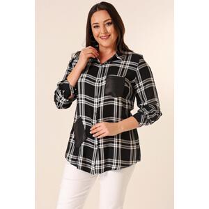 By Saygı Metal Button Leather Detailed Double Pocket Sleeve Folded Large Checked Plus Size Shirt