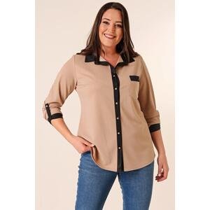 By Saygı Button-Front Three-quarter Sleeve Double Pocket Leather Detailed Wide Length Lycra Plus Size Shirt