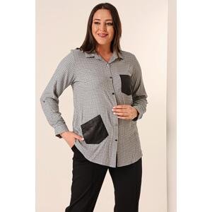 By Saygı Metal Button Mini Check Leather Detailed Double Pocket Three Quarter Sleeve Plus Size Shirt