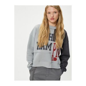 Koton College Sweatshirt Printed with Piece Stitching Detail Long Sleeve Crew Neck Cotton
