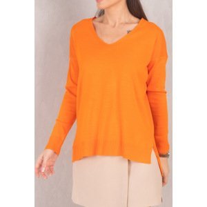 armonika Women's Orange V-Neck Front Short Rear Long Knitwear Sweater