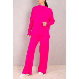 armonika Women's Fuchsia Thick Ribbed Stand-Up Collar Sleeve Buttoned Knitwear Suit