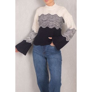 armonika Women's Navy Blue Sleeve Flounce and Zigzag Bottom 3 Color Sweater