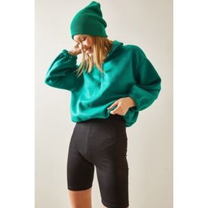 XHAN Green Zippered High Collar Fleece Sweatshirt