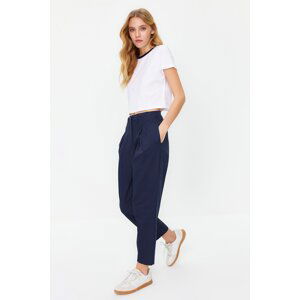 Trendyol Navy Blue Cotton Carrot Pattern Stripe Detailed Woven Trousers