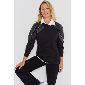 Cool & Sexy Women's Black Faux Leather Block Sweatshirt