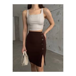 BİKELİFE Women's Brown High Waist Button Detailed Lycra Flexible Skirt