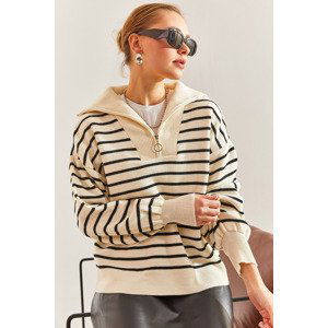 Bianco Lucci Women's Striped Zipper Knitwear Sweater