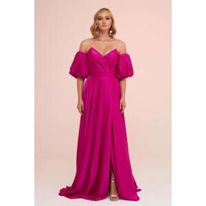 Carmen Fuchsia Satin Balloon Sleeve Slit Long Evening Dress