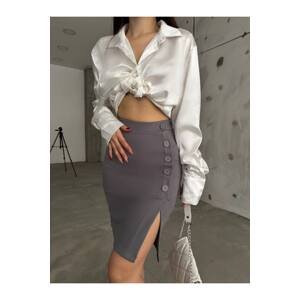 BİKELİFE Women's Gray High Waist Button Detailed Lycra Flexible Skirt
