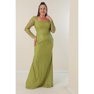 By Saygı Square Neck Lined Plus Size Long Dress with Cut Stones