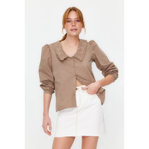 Trendyol Beige Collar Embroidered Cotton Woven Shirt